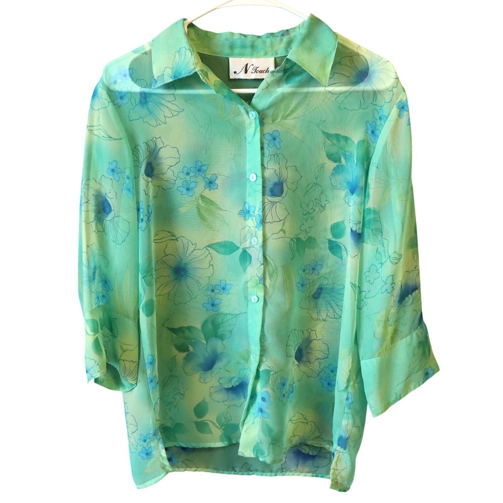 N Touch Womens Sheer Floral Button Down Blouse Green Blue 3/4 Sleeve Top Y2K 90s
